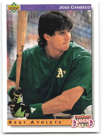 Jose Canseco Oakland Athletics baseball card in green uniform holding a bat