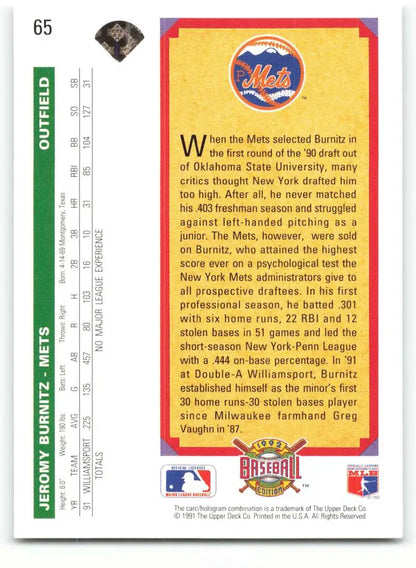 Back of 1992 Upper Deck Jeromy Burnitz New York Mets Baseball Card with player stats