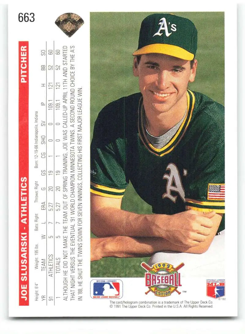 Baseball card of Joe Slusarski in Oakland Athletics uniform from Upper Deck