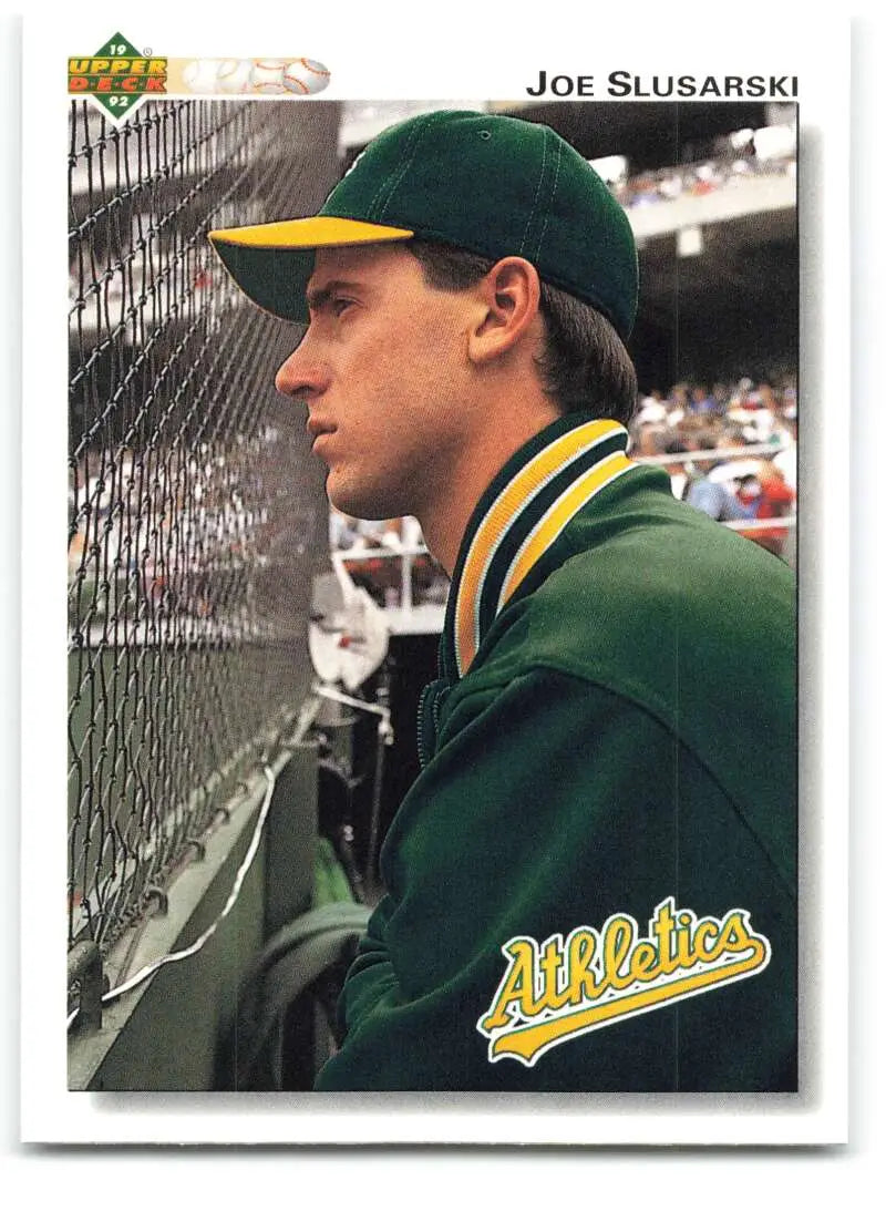 Oakland Athletics Joe Slusarski 1992 Upper Deck baseball card in green and yellow uniform
