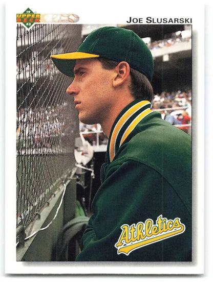 Oakland Athletics Joe Slusarski 1992 Upper Deck baseball card in green and yellow uniform