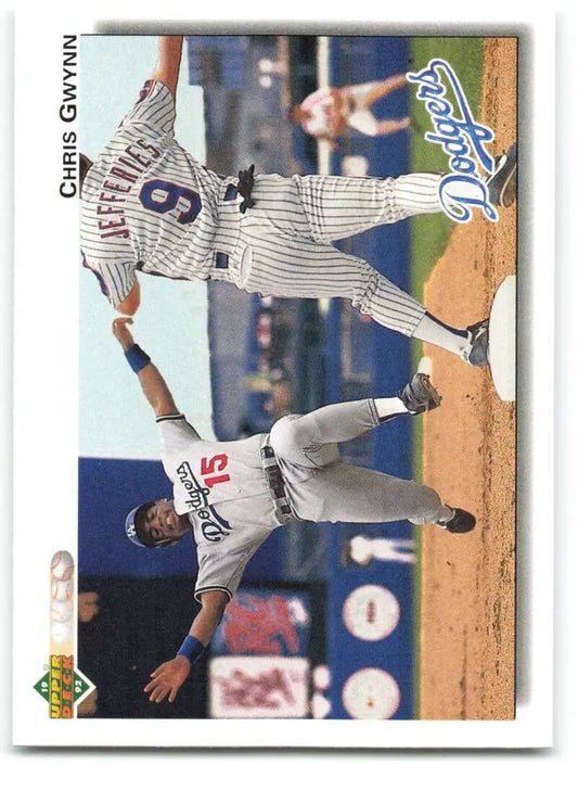 Baseball card of Chris Gwynn sliding into base in a Los Angeles Dodgers uniform