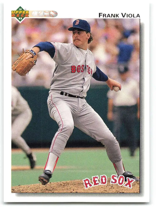 Boston Red Sox player Frank Viola mid-pitch on the mound in 1992 Upper Deck card