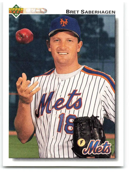 Bret Saberhagen tossing a baseball on 1992 Upper Deck baseball card for Mets fans