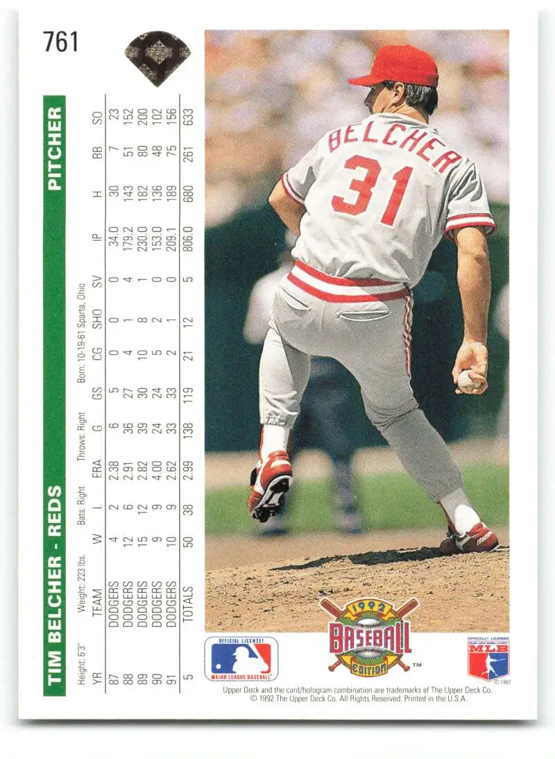 Tim Belcher Cincinnati Reds Baseball Card featuring pitcher in white uniform with red trim