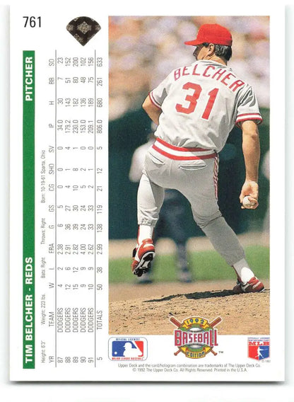 Tim Belcher Cincinnati Reds Baseball Card featuring pitcher in white uniform with red trim