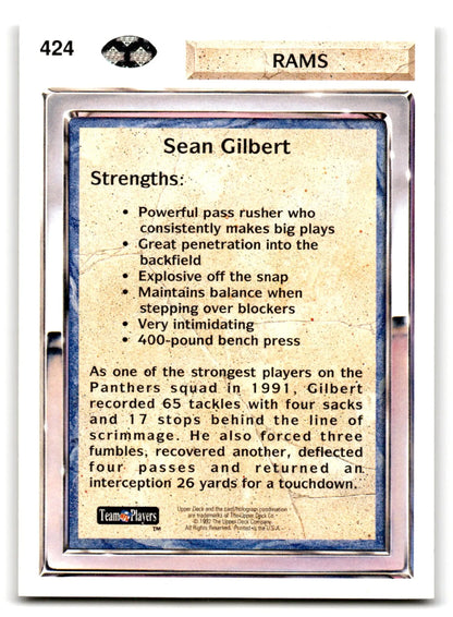 Vintage 1992 Upper Deck Football Sean Gilbert trading card Los Angeles Rams
