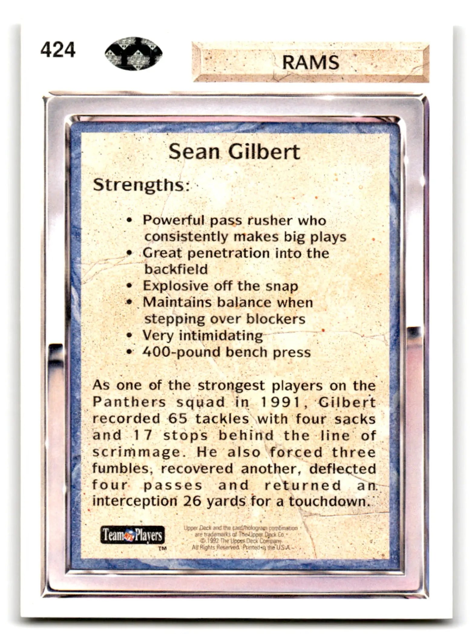 Back of 1992 Upper Deck Football Sean Gilbert trading card featuring Los Angeles Rams