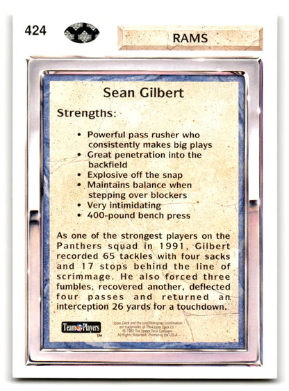 Back of 1992 Upper Deck Football Sean Gilbert trading card featuring Los Angeles Rams
