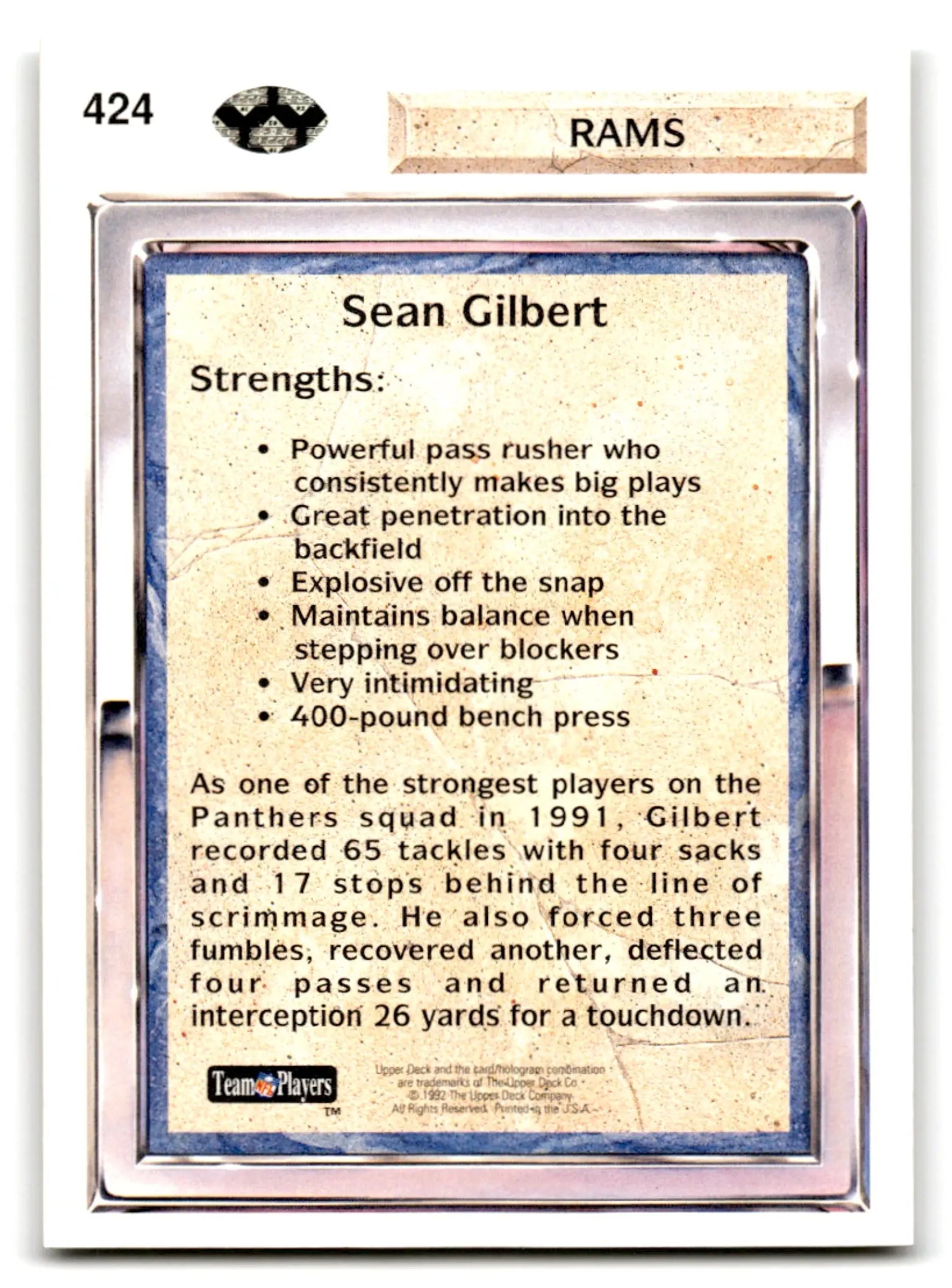 Back of a 1992 Upper Deck Football Sean Gilbert trading card featuring Los Angeles Rams