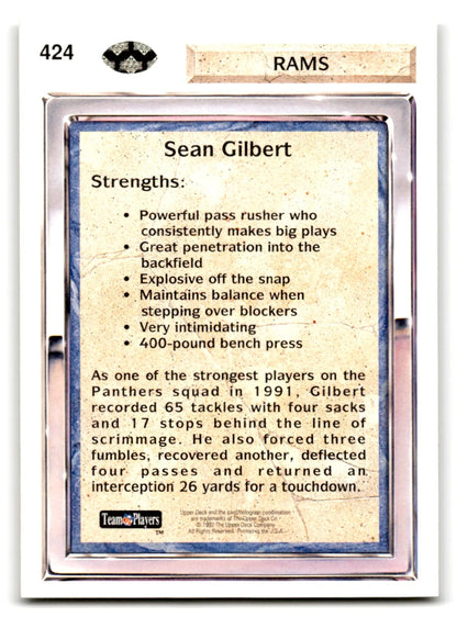 Back of a 1992 Upper Deck Football Sean Gilbert trading card featuring Los Angeles Rams