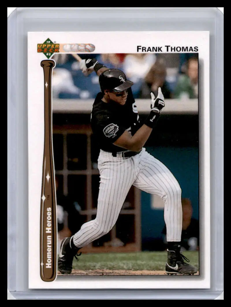 Baseball card of Frank Thomas in Chicago White Sox pinstriped uniform at bat