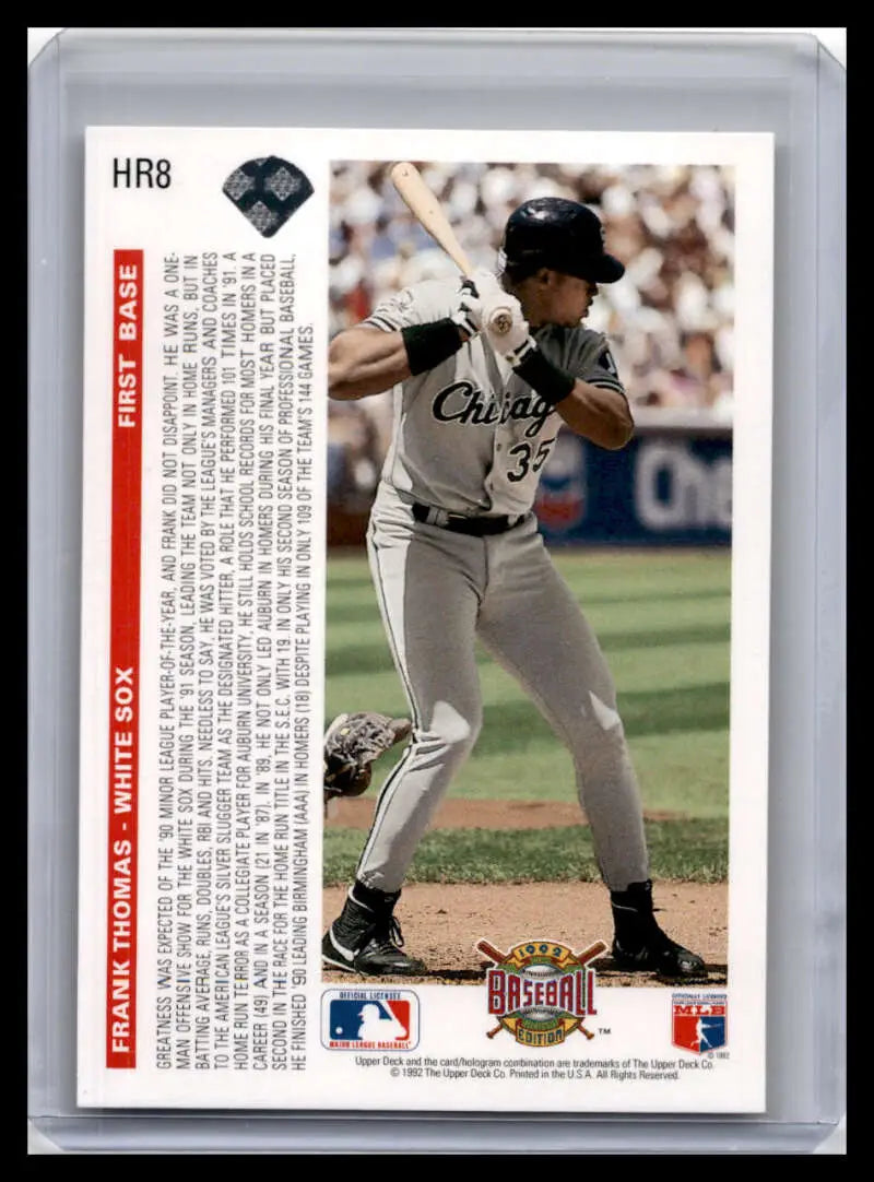 Baseball card of Frank Thomas in gray Chicago White Sox uniform by Upper Deck