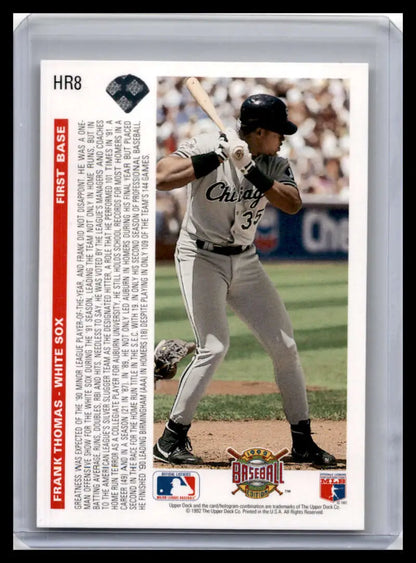 Baseball card of Frank Thomas in gray Chicago White Sox uniform by Upper Deck