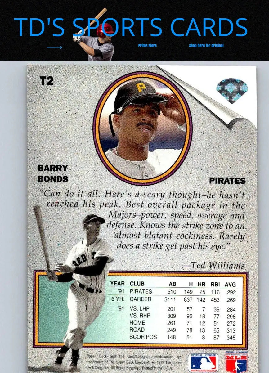 Barry Bonds baseball card from 1992 Upper Deck Ted Williams Best collection