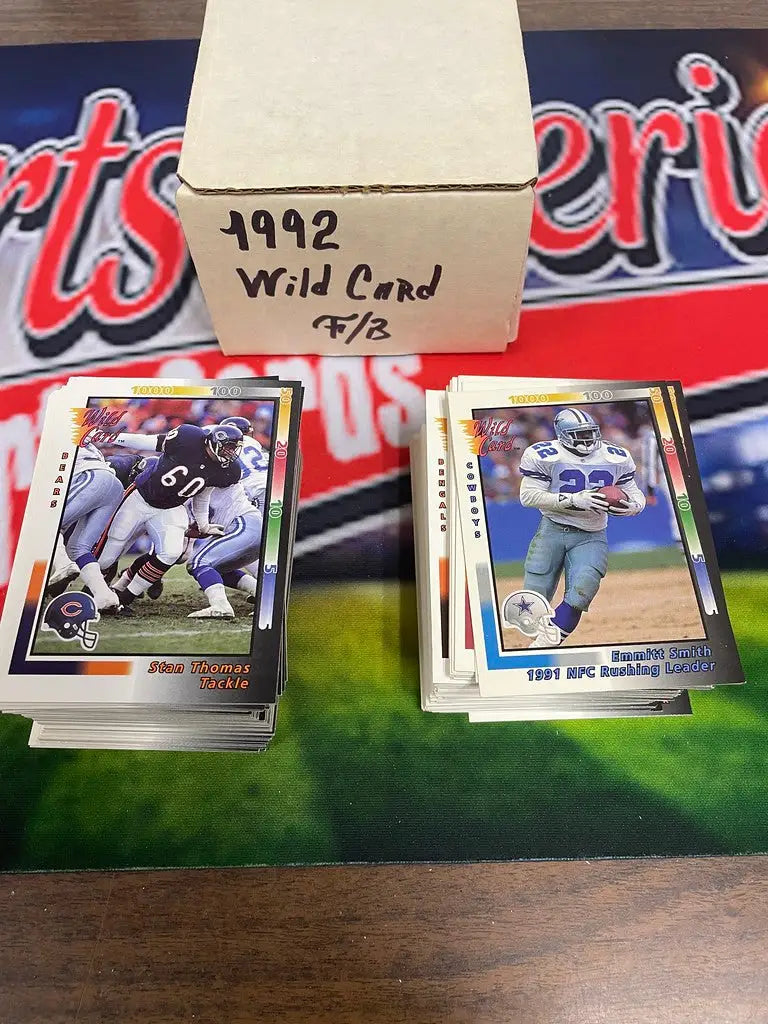 1992 Wild Card Football trading card box with stacked cards, perfect football set hand