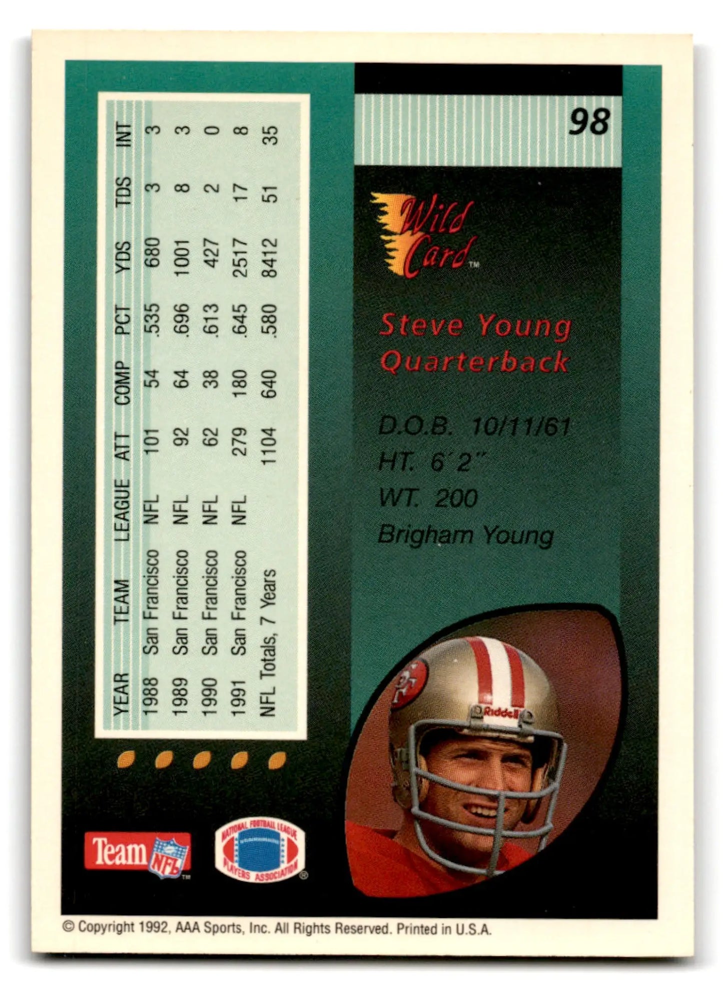 Back of a 1992 Wild Card Football Steve Young card featuring San Francisco 49ers