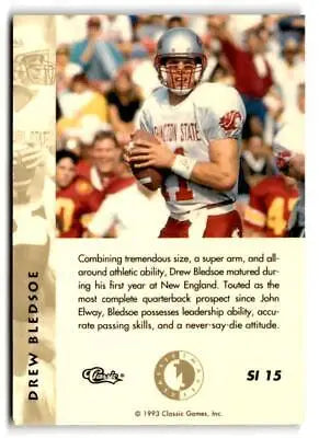 Football trading card of Drew Bledsoe in white uniform from Classic Images Four Sport