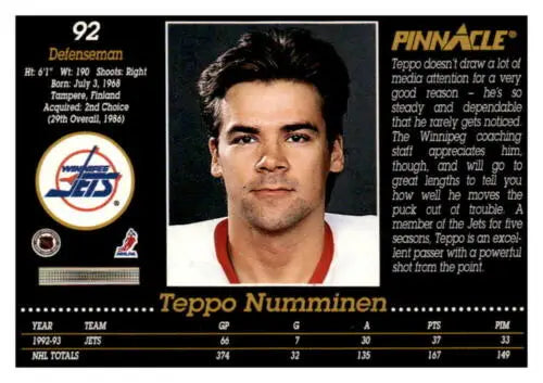 Original gloss 1993-94 Pinnacle Teppo Numminen hockey card by Simply Sandoval