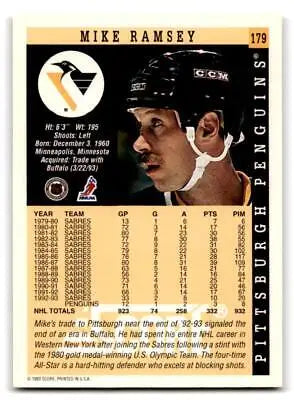 Mike Ramsey hockey card from 1993-94 Score #179 trading cards collection