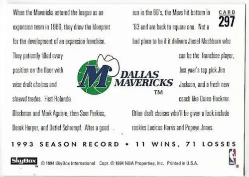 Dallas Mavericks basketball card featuring Jamal Mashburn and Popeye Jones in original gloss