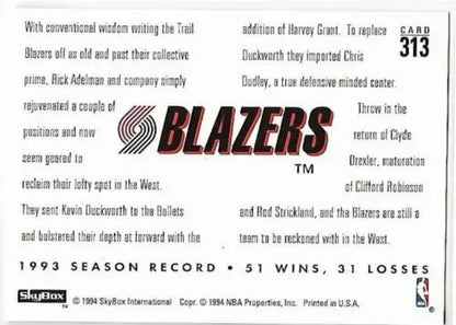 Back of 1993-94 SkyBox #313 Harvey Grant/Chris Dudley basketball card with original gloss