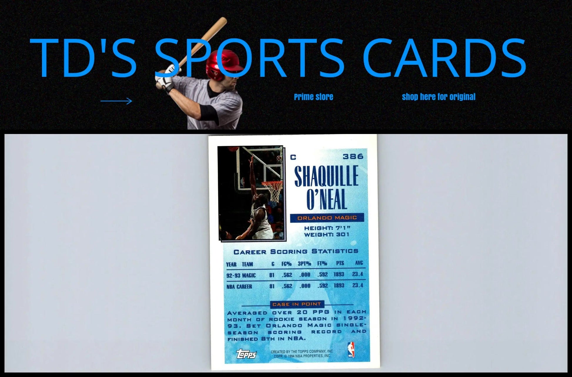 Shaquille O’Neal trading card from 1993-94 Topps #386 Gold edition