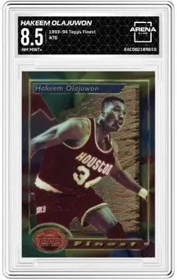 Graded 1993-94 Topps Finest Hakeem Olajuwon basketball card displayed at Basketball Arena Club