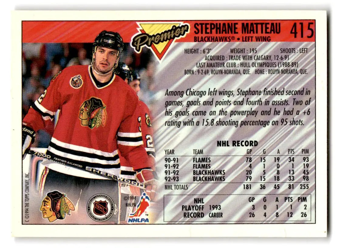 1993-94 Topps Premier #415 Stephane Matteau Gold - Trading Card