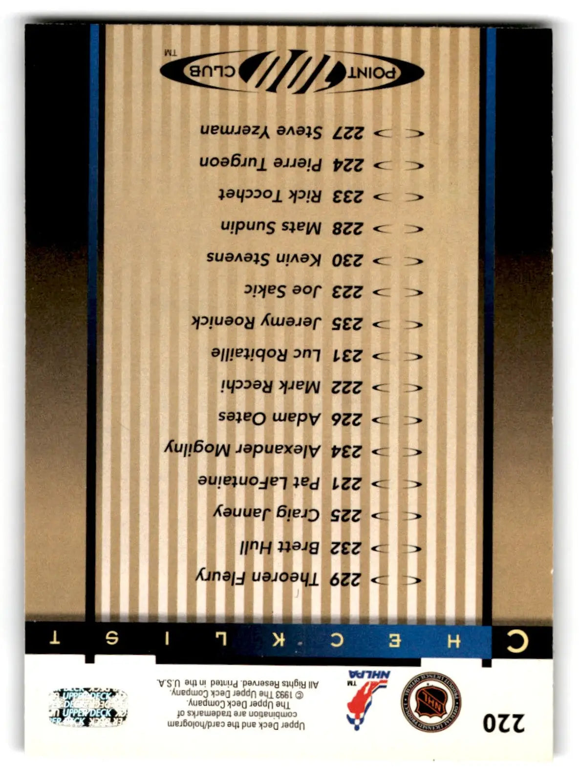1993-94 Upper Deck Hockey 100 Point Club Checklist #220