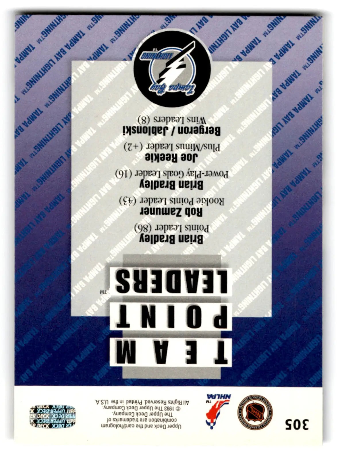 1993-94 Upper Deck Hockey Brian Bradley #305 Tampa Bay Lightning