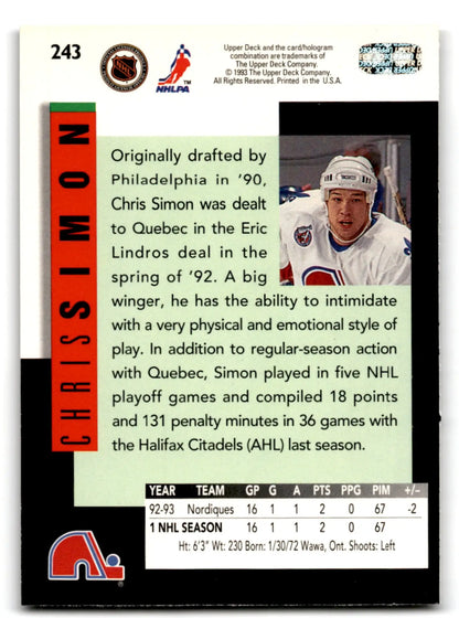Upper Deck Hockey Chris Simon 1993-94 rookie card with green and white design