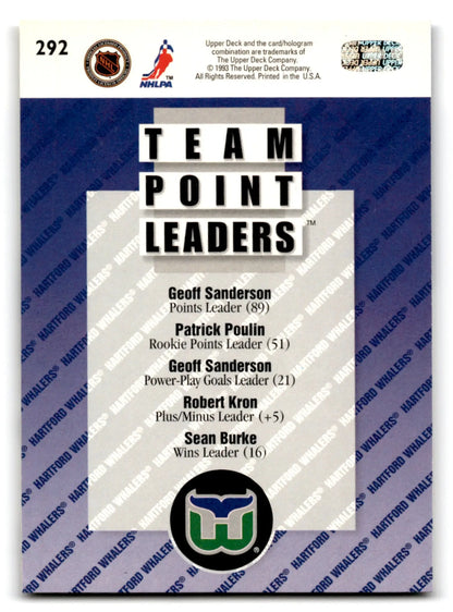 Upper Deck Hockey card of Geoff Sanderson with Hartford Whalers logo and team leaders