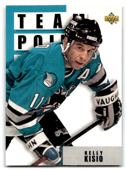 Hockey stick with black and white grip, silver blade, Vaughn logo from 1993-94 Upper Deck Hockey Kelly Kisio card