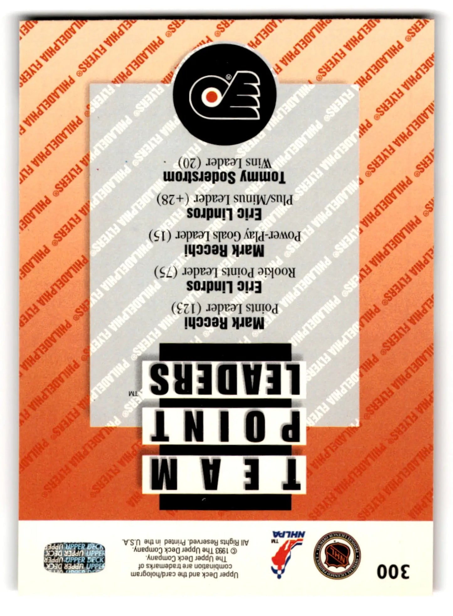 Upper Deck Hockey Mark Recchi 1993-94 Philadelphia Flyers hockey card with team leaders