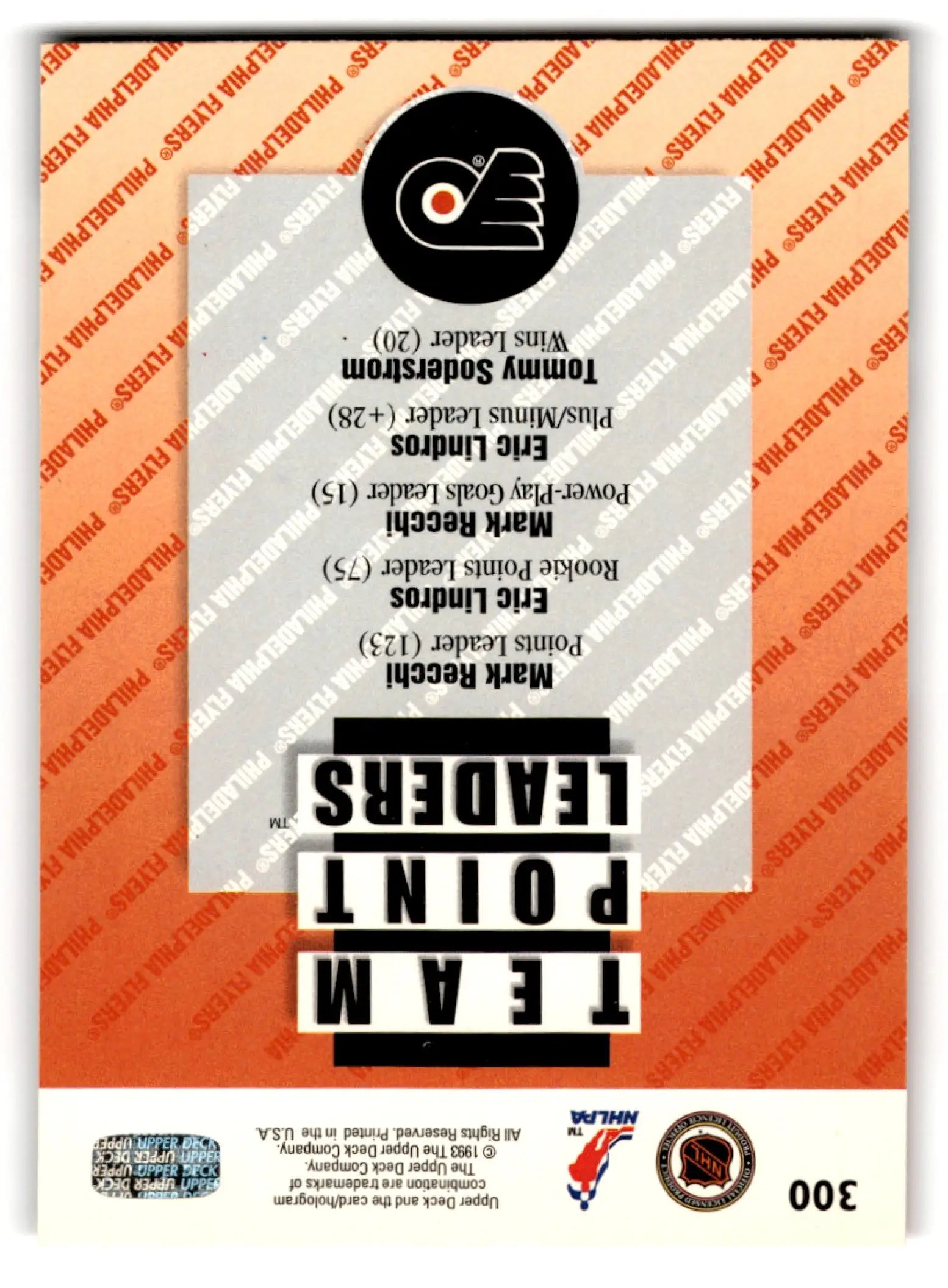 Upper Deck Hockey Mark Recchi 1993-94 Philadelphia Flyers hockey card with team leaders