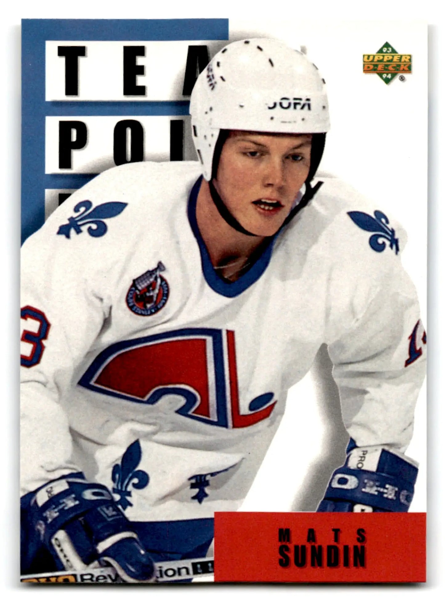 Upper Deck Hockey Mats Sundin jersey with Quebec Nordiques logo and blue red accents