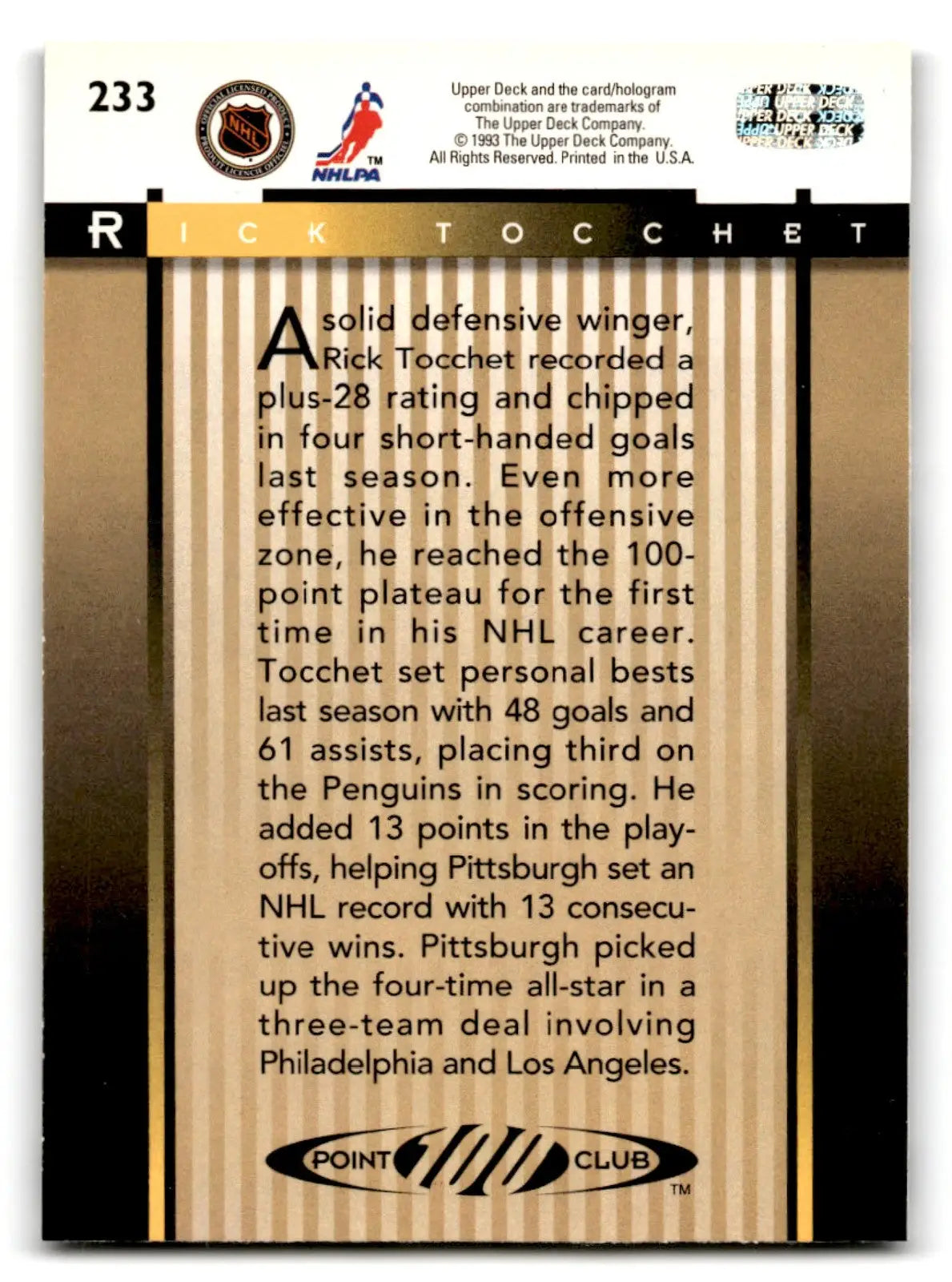 1993-94 Upper Deck Hockey Rick Tocchet #233 Pittsburgh Penguins