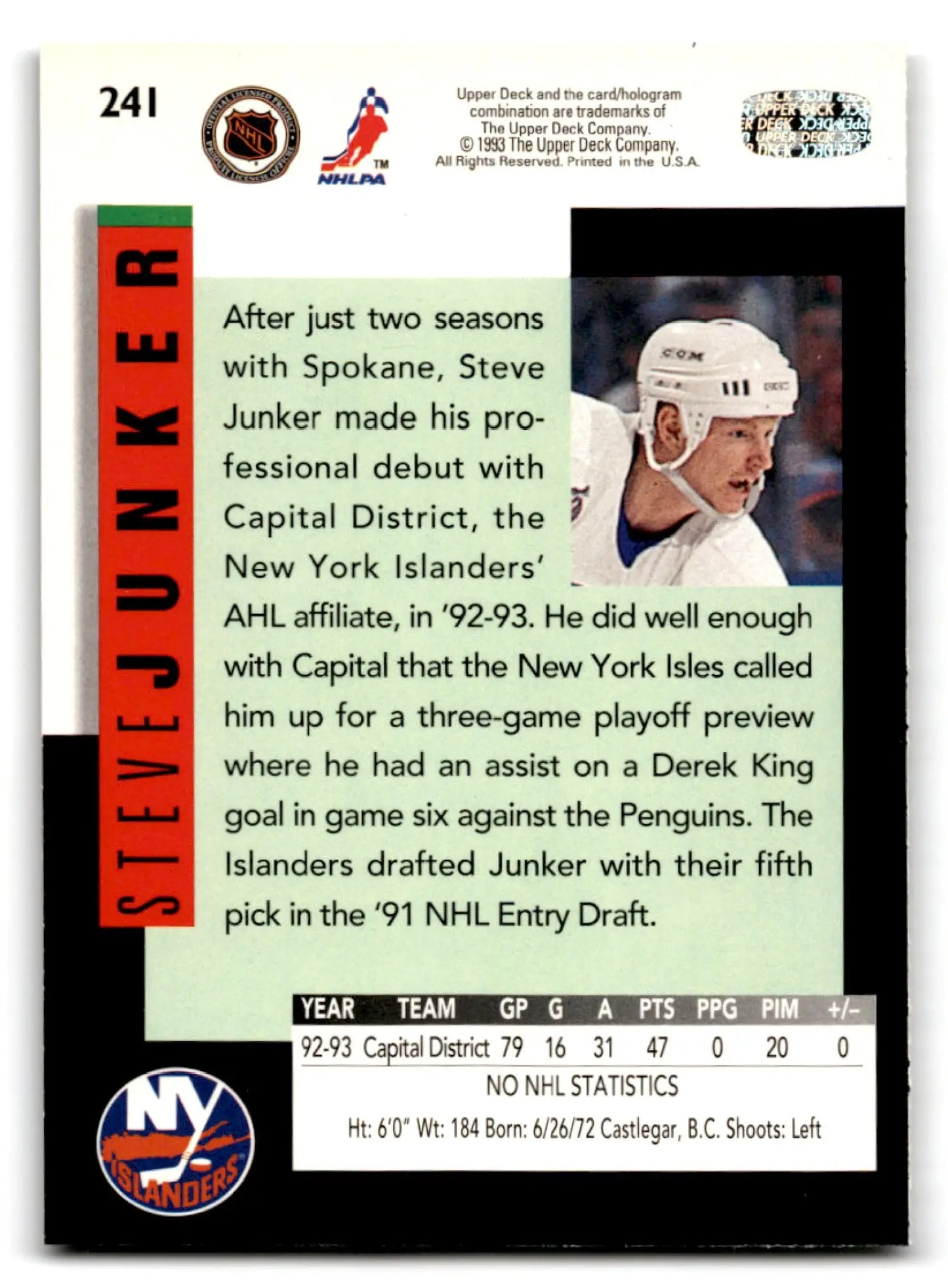 Hockey Steve Junker card from 1993-94 Upper Deck Hockey featuring Steve Junker in white helmet