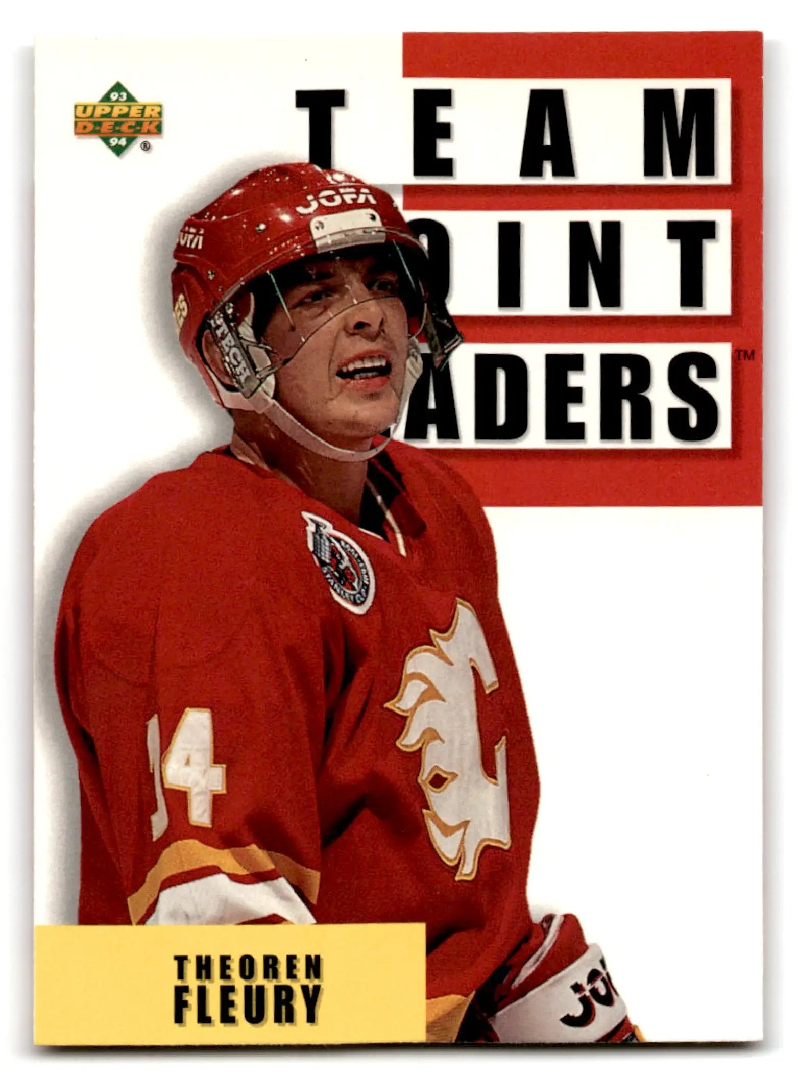 Red Calgary Flames hockey jersey with lion logo from 1993-94 Upper Deck Hockey Theoren Fleury #288