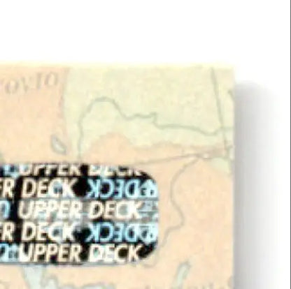 Black leather upper deck hockey tag with silver text for Tyler Wright hockey card