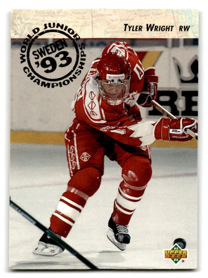 Red polyester hockey jersey with white stripes and black lettering from 1993-94 Upper Deck Hockey Tyler Wright #256b