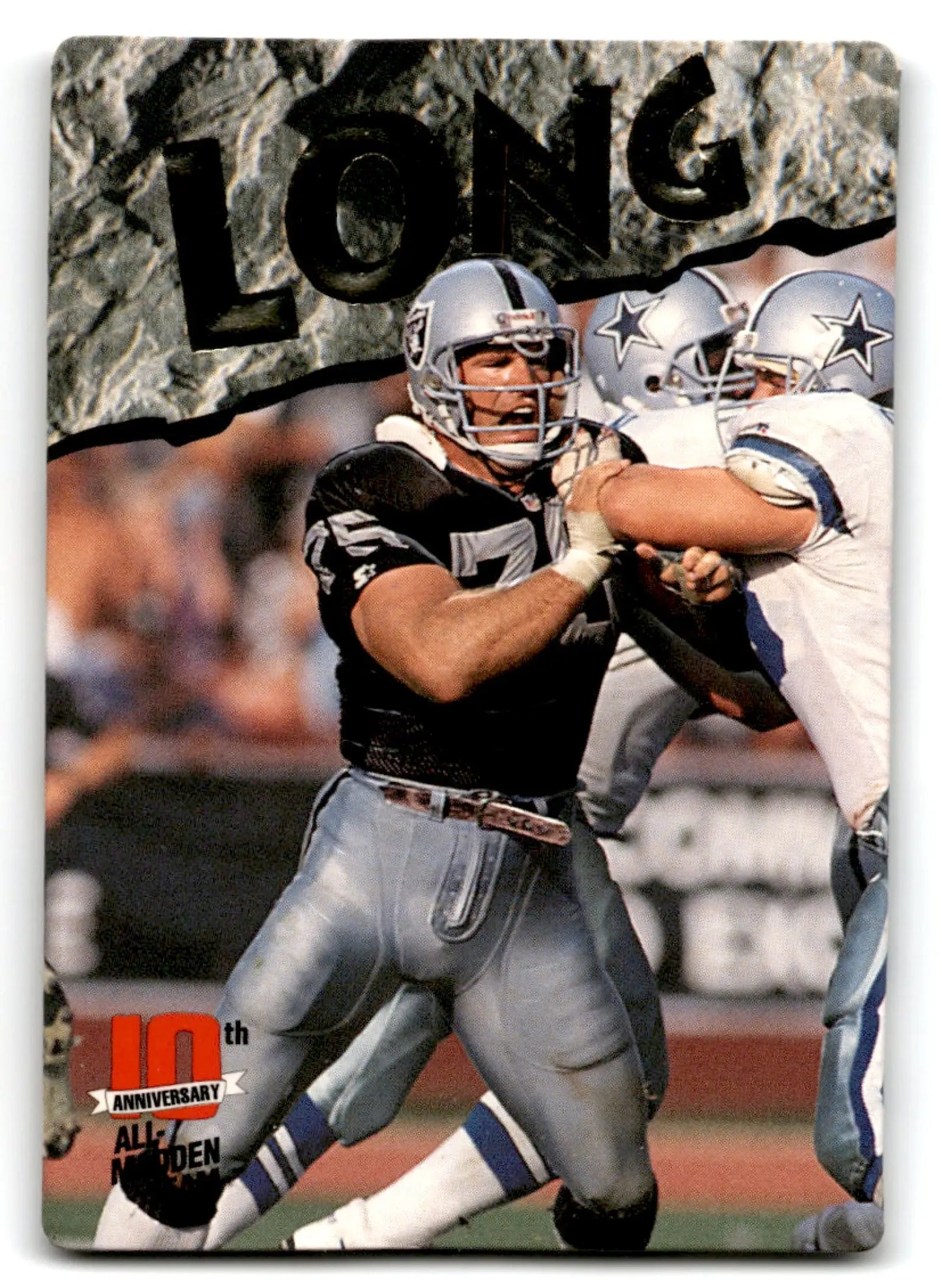 Vintage football trading card featuring Howie Long from 1993 Action Packed Football Los Angeles Raiders