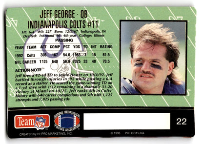 Vintage 1993 Action Packed Football Jeff George Colts #11 football card display