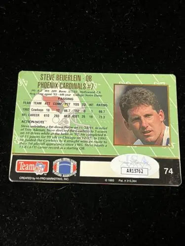 1993 Action Packed Signed football trading card of Steve Beuerlein, Arizona Cardinals