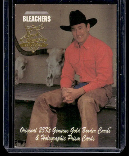 Nolan Ryan baseball card showcasing a person in black cowboy hat and coral western clothing