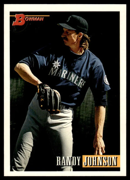 Randy Johnson in pitching stance wearing Seattle Mariners uniform on baseball card