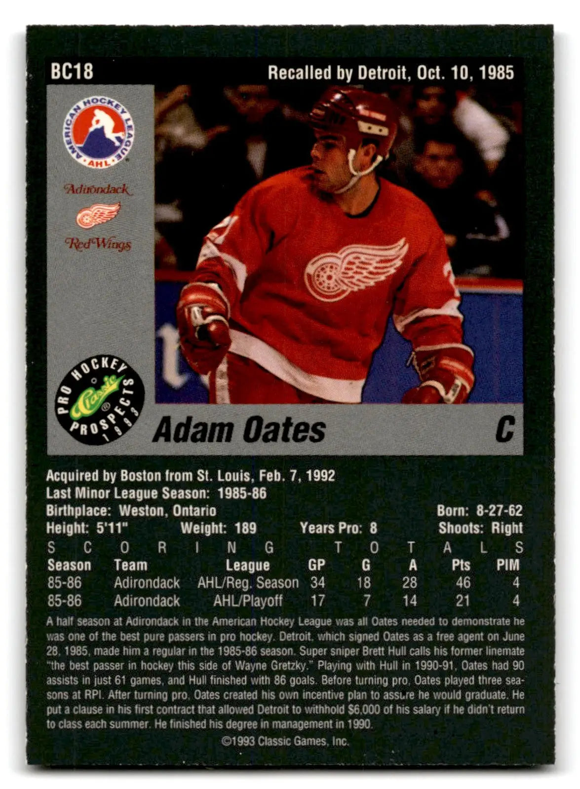 1993 Classic Hockey Pro Prospects Adam Oates Bonus Cards #BC18