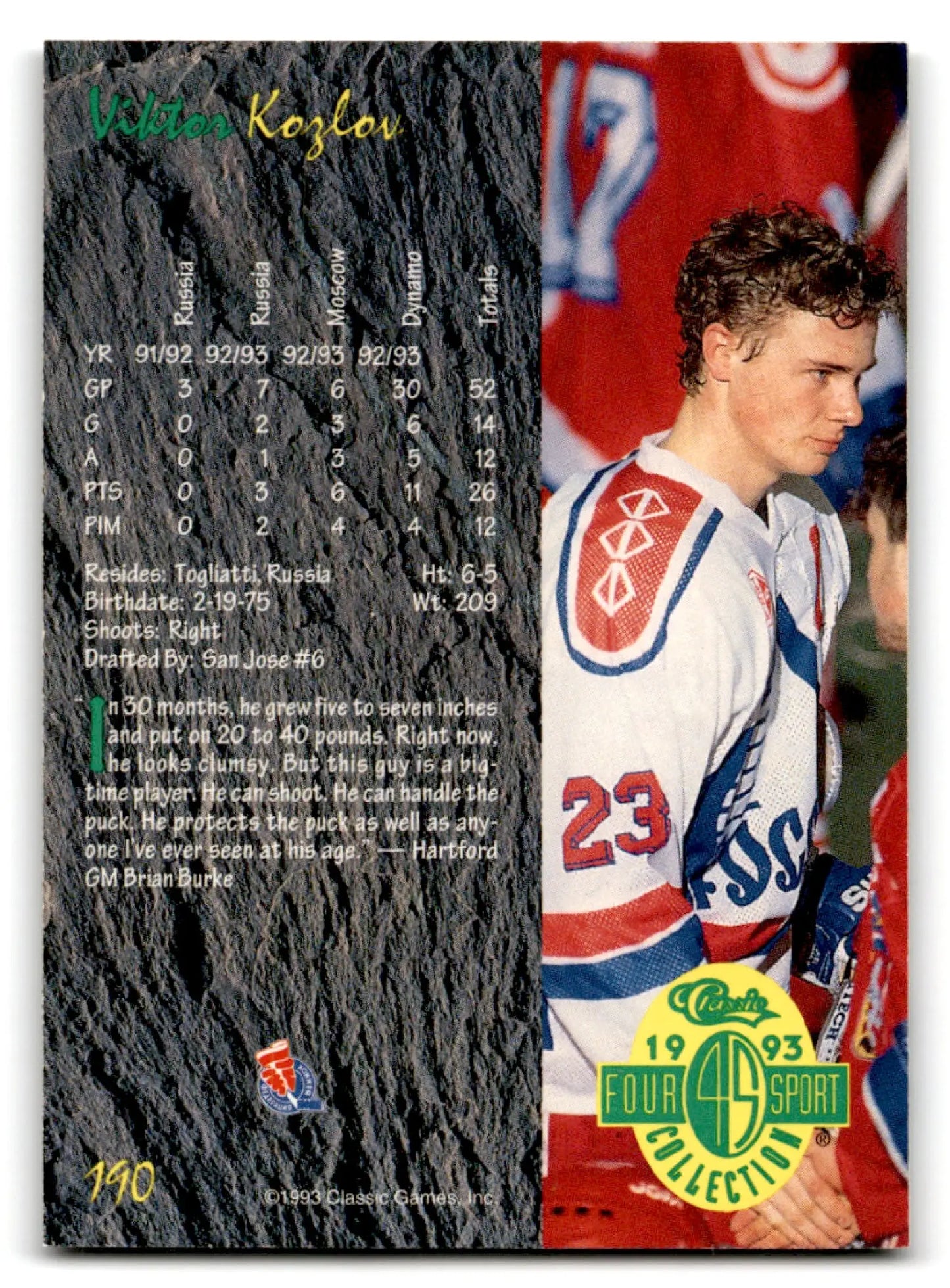 1993-94 Score collectible hockey card featuring William Karlson in San Jose Sharks uniform