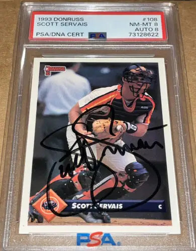 Autographed Donruss Scott Servais baseball card in protective case for collectors